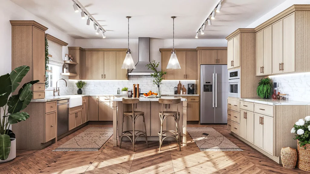 “Light-toned white oak kitchen cabinets with island and stainless appliances.