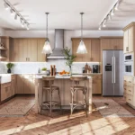“Light-toned white oak kitchen cabinets with island and stainless appliances.
