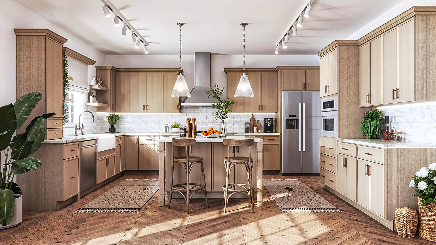 “Light-toned white oak kitchen cabinets with island and stainless appliances.