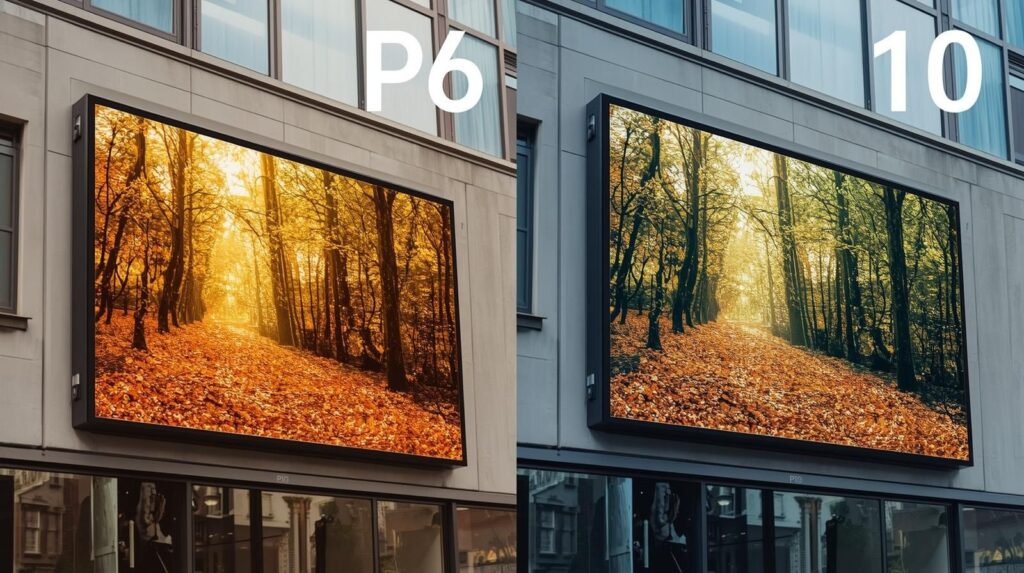“Close-up comparison of P6 vs P10 LED pixel pitch and spacing.”