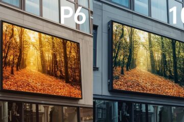 “Close-up comparison of P6 vs P10 LED pixel pitch and spacing.”