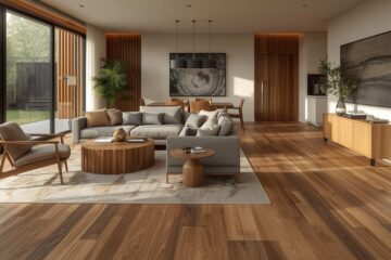 Stylish living room with Nduro Sierra Cypress Flooring, warm tones, natural light, modern home setting