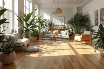 A modern living room with warm, natural-looking engineered hardwood flooring, sunlight streaming in, cozy furniture, and plants.