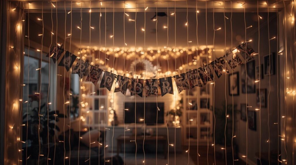 “A beautiful DIY birthday photo wall at home with fairy lights, hanging photos clipped on strings, a ‘Happy Birthday’ banner, cozy indoor room, aesthetic warm lighting.” Birthday Decoration at Home