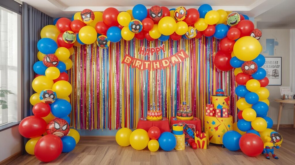 Birthday Decoration at Home 
“A fun kids’ birthday decoration at home with cartoon-themed backdrop, superhero balloons, colorful streamers, bright setup, kids-friendly party corner, cheerful atmosphere.”
