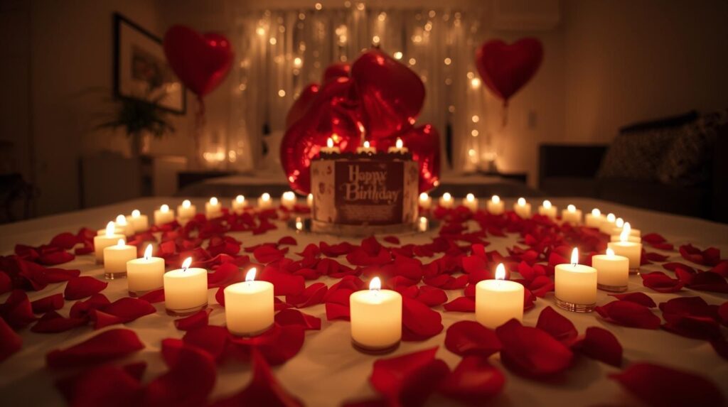 “A romantic birthday decoration at home with LED candles, rose petals, heart-shaped red balloons, warm lights, intimate bedroom or living room setup, soft cozy ambiance.” Birthday Decoration at Home