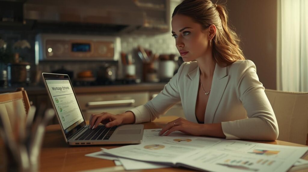 A cinematic concept scene, wide angle, realistic illustration of a single parent at a kitchen table reviewing mortgage options. The laptop is open, with papers neatly spread out. Soft natural lighting creates a cozy home atmosphere, and the parent has a calm expression, showing determination and hope. Subtle icons representing FHA, USDA, and VA loan programs are included. The image features a dynamic composition, cinematic color grading, filmic tones, shallow depth of field, and high contrast.
