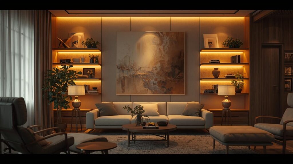 A cozy modern living room with beautifully decorated walls featuring a large canvas art piece, floating shelves, plants, soft lighting, and warm neutral tones; stylish, inviting, and aesthetic; high-resolution interior photography.