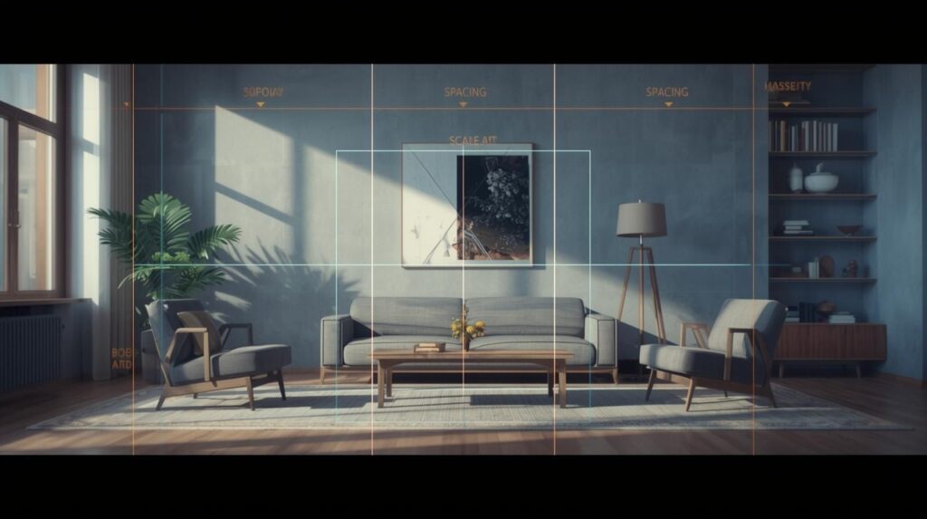 A diagram-style image showing balance, symmetry, spacing, color harmony, and scale using minimal furniture and arranged wall art.