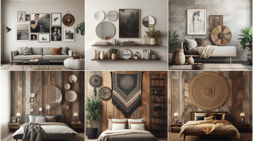 IV. Types of Wall Decor

Wall Art
A gallery wall with canvas prints, paintings, and framed art above a sofa, soft neutral colors.

Mirrors
Round and rectangular decorative mirrors arranged to enhance natural light in a small room.

Shelves
Floating shelves styled with books, plants, small art pieces, and minimal décor.

Wall Panels & Textures
A feature wall with wood panels, 3D texture, wallpaper, and stone accents.

Tapestries & Fabric Art
A cozy boho-style room with a large woven tapestry hanging above a bed.

Metal & Wooden Decor Pieces
Industrial and rustic elements—metal wall sculptures, wood carvings, and mixed-material accents.