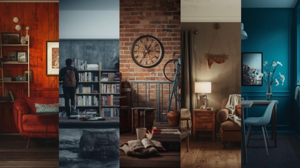 Six mini-segments in one image showing modern, rustic, industrial, boho, traditional, and Scandinavian wall styling.