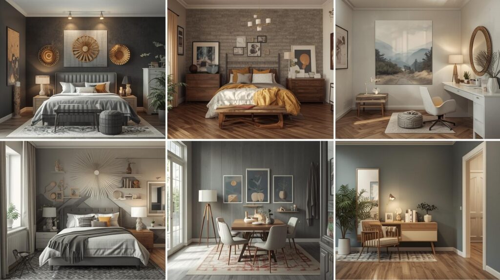 A home layout mockup showing wall decor examples for living room, bedroom, kitchen, bathroom, entryway, and office—each room styled differently.