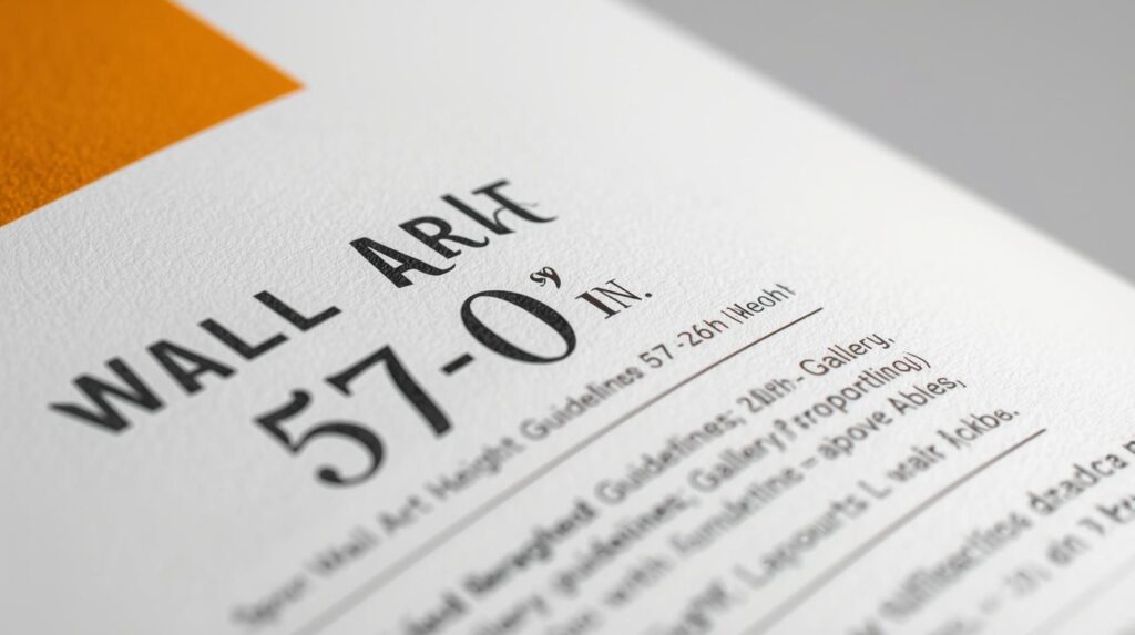 A clean graphic illustrating wall art height (57–60 inches), spacing rules, gallery layouts, and proportion guidelines above furniture.