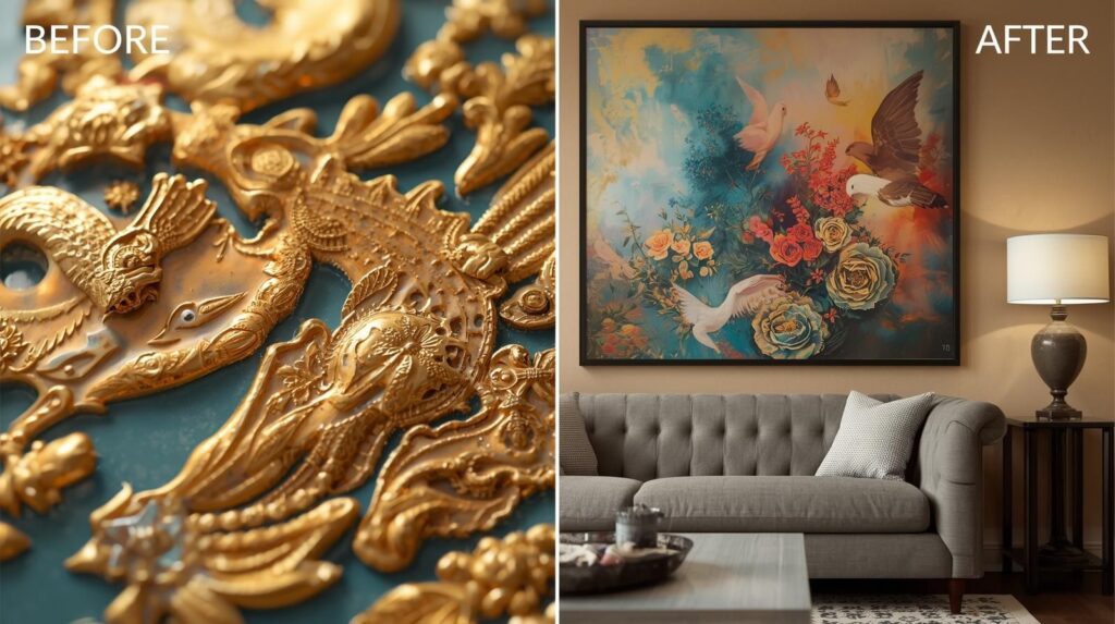 A before-and-after comparison: wrong art height vs correct height, too-small art vs properly scaled art, mismatched colors vs coordinated decor.