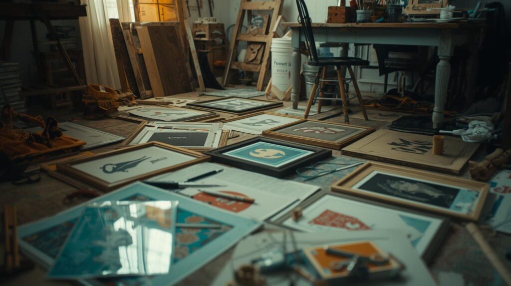 DIY materials, printable art, thrifted frames, repurposed wood pieces, and simple home crafting setup on a table.