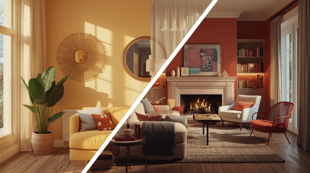 A split-image showing summer wall decor (light, bright) vs winter decor (warm, cozy); plus 2025 trend elements.