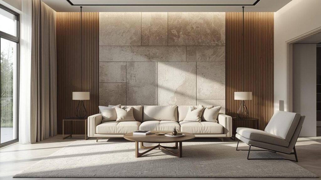 A modern living room with a perfectly chosen accent wall behind a sofa, soft neutral color palette, natural daylight, minimalist furniture, cozy textures, realistic interior design photography, high resolution, wide angle