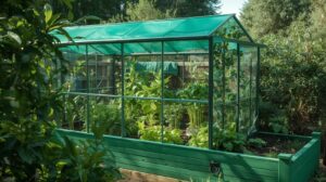 A realistic outdoor garden scene featuring a Timberlake raised garden bed with green house in green, placed in a sunny backyard. The bed is filled with lush leafy greens, herbs, and young vegetables. The green-tinted greenhouse cover is slightly open, showing healthy plants inside. Natural lighting, soft shadows, modern home garden style, high detail, ultra-realistic, DSLR photography look, 16:9 aspect ratio.