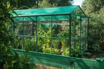 A realistic outdoor garden scene featuring a Timberlake raised garden bed with green house in green, placed in a sunny backyard. The bed is filled with lush leafy greens, herbs, and young vegetables. The green-tinted greenhouse cover is slightly open, showing healthy plants inside. Natural lighting, soft shadows, modern home garden style, high detail, ultra-realistic, DSLR photography look, 16:9 aspect ratio.