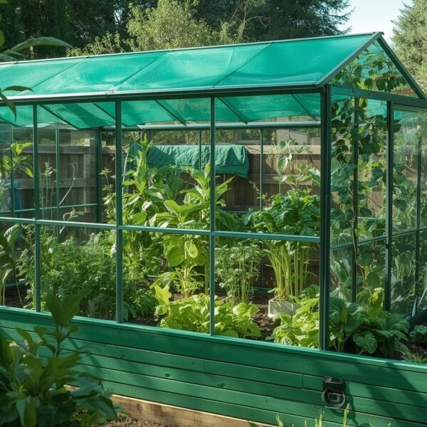A realistic outdoor garden scene featuring a Timberlake raised garden bed with green house in green, placed in a sunny backyard. The bed is filled with lush leafy greens, herbs, and young vegetables. The green-tinted greenhouse cover is slightly open, showing healthy plants inside. Natural lighting, soft shadows, modern home garden style, high detail, ultra-realistic, DSLR photography look, 16:9 aspect ratio.