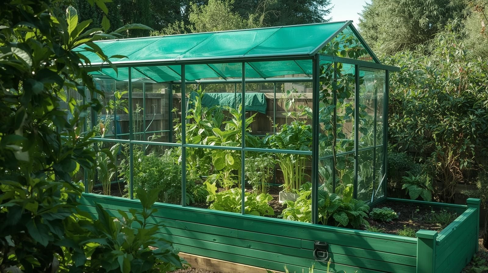 A realistic outdoor garden scene featuring a Timberlake raised garden bed with green house in green, placed in a sunny backyard. The bed is filled with lush leafy greens, herbs, and young vegetables. The green-tinted greenhouse cover is slightly open, showing healthy plants inside. Natural lighting, soft shadows, modern home garden style, high detail, ultra-realistic, DSLR photography look, 16:9 aspect ratio.