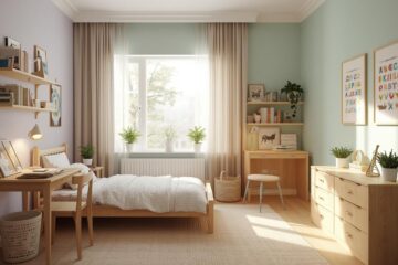A bright, cozy kids bedroom designed for learning and comfort, featuring soft pastel walls, natural wooden furniture, a small study desk near a window, open books, indoor plants, warm lighting, and educational wall art. The room feels calm, organized, and inspiring, with a balanced mix of play and learning elements. Realistic interior photography style, natural daylight, warm tones, high detail, modern kids room decor.