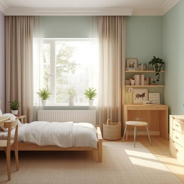 A bright, cozy kids bedroom designed for learning and comfort, featuring soft pastel walls, natural wooden furniture, a small study desk near a window, open books, indoor plants, warm lighting, and educational wall art. The room feels calm, organized, and inspiring, with a balanced mix of play and learning elements. Realistic interior photography style, natural daylight, warm tones, high detail, modern kids room decor.