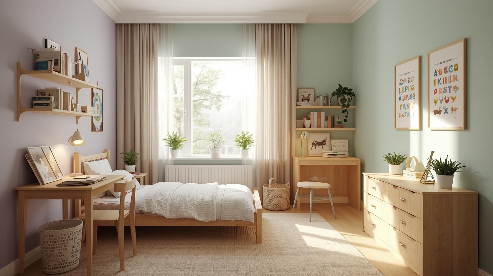 A bright, cozy kids bedroom designed for learning and comfort, featuring soft pastel walls, natural wooden furniture, a small study desk near a window, open books, indoor plants, warm lighting, and educational wall art. The room feels calm, organized, and inspiring, with a balanced mix of play and learning elements. Realistic interior photography style, natural daylight, warm tones, high detail, modern kids room decor.