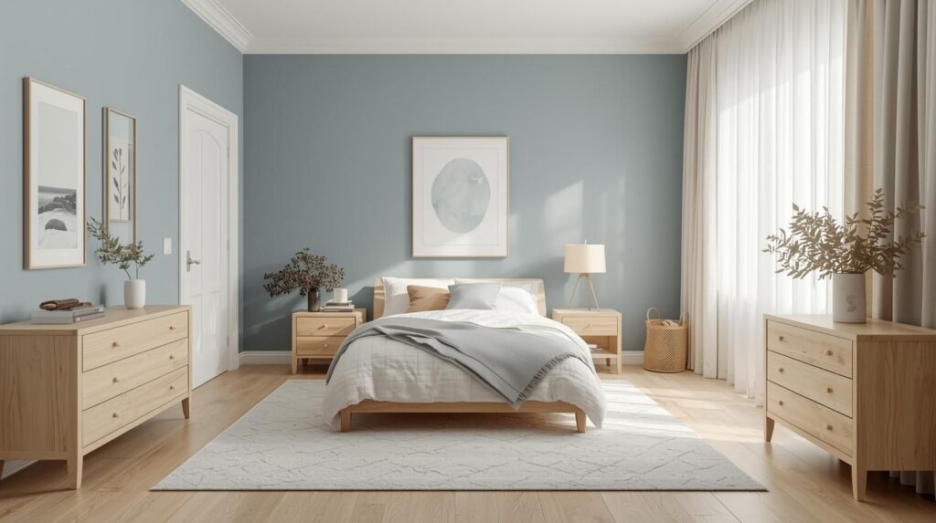 A peaceful kids bedroom with soft blue and warm neutral color palette, minimal wall art, light wooden furniture, and clean design. The space feels calm and soothing, designed to help a child focus and relax. Natural light coming through sheer curtains, realistic home interior, modern kids room decor.