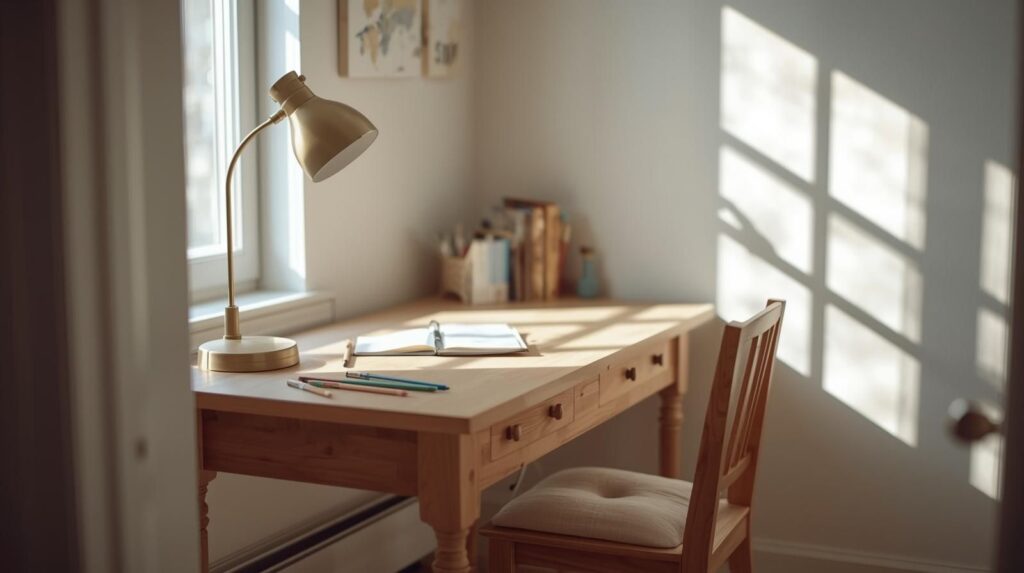 A small learning corner inside a kids room featuring a simple desk, comfortable child-sized chair, open notebook, pencils, and a desk lamp near a window. Minimal distractions on the wall, clean and organized setup, bright natural light, realistic interior design, educational kids room decor.