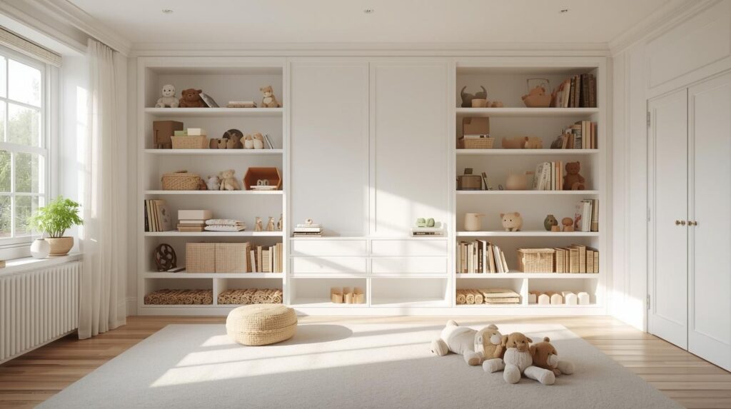 A neatly organized kids room with hidden storage bins, shelves with minimal toys, uncluttered walls, and a tidy floor. The room feels open, calm, and breathable. Soft lighting, neutral tones, realistic home photography, functional kids room decor.