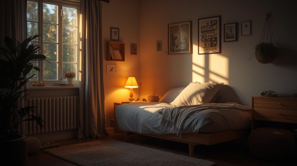 A kids bedroom with layered lighting including natural daylight, a warm desk lamp for studying, and soft ambient lighting. The room looks cozy and balanced, perfect for reading and homework. Realistic lighting effects, modern kids room decor, calming atmosphere.