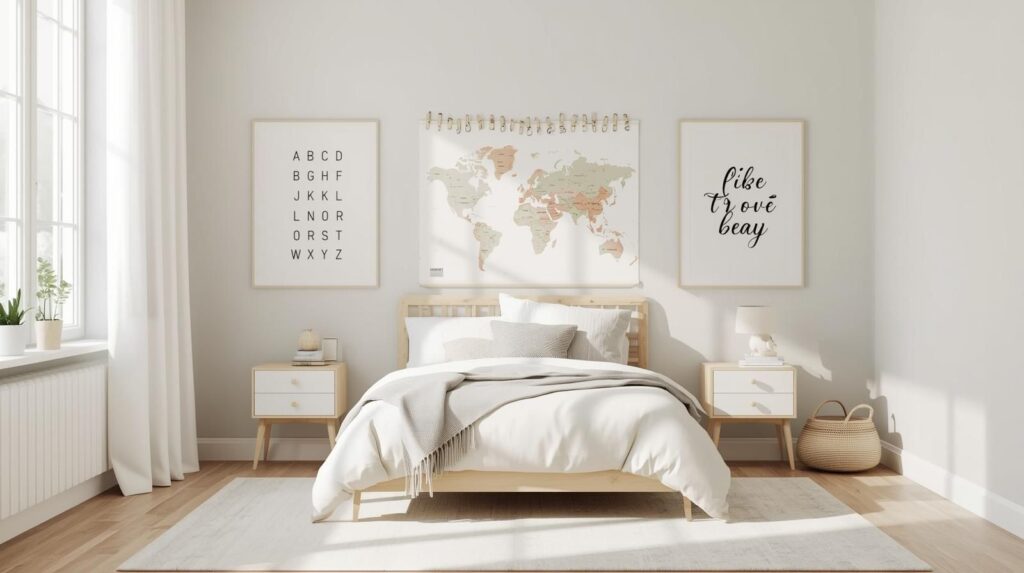 A kids room featuring educational wall art such as alphabet posters, world maps, and positive affirmation prints in soft colors. The decor feels inspiring but not overwhelming. Clean layout, realistic interior style, thoughtful kids room decor focused on learning.