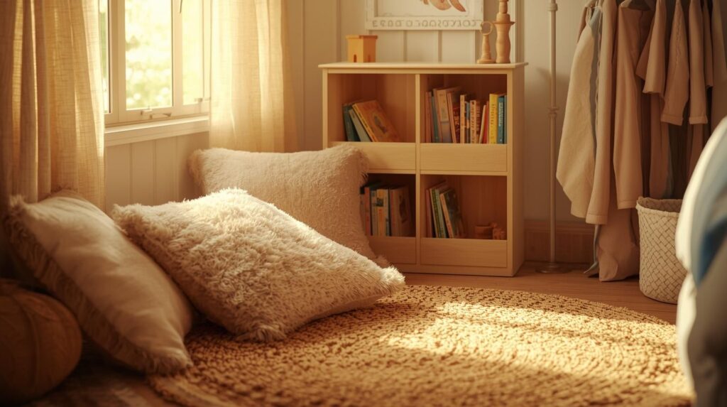 A cozy reading nook inside a kids bedroom with soft cushions, a small bookshelf, warm rug, and gentle lighting. The space feels safe, calm, and perfect for quiet reading or relaxation. Realistic interior photography, warm tones, comforting kids room decor.