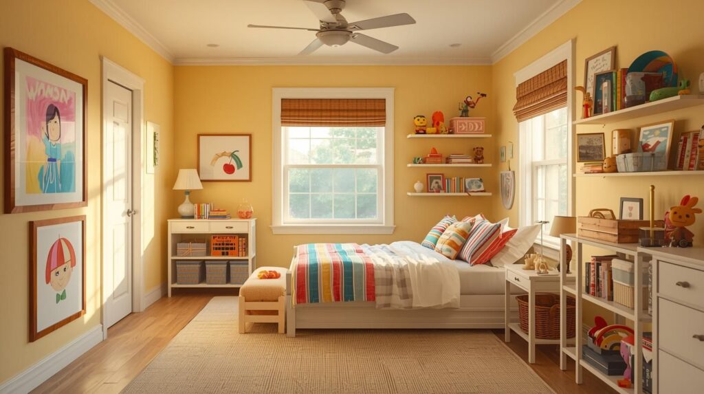 A kids bedroom with personal touches such as framed child artwork, favorite toys displayed neatly, colorful bedding chosen by the child, and a welcoming atmosphere. The room feels joyful, expressive, and balanced. Realistic interior design, warm and natural kids room decor.